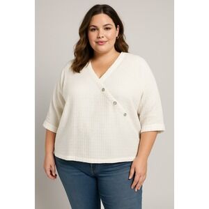 David Dart Top Womens Plus Size 3X White Asymmetric Button Linen‎ Boxy Textured